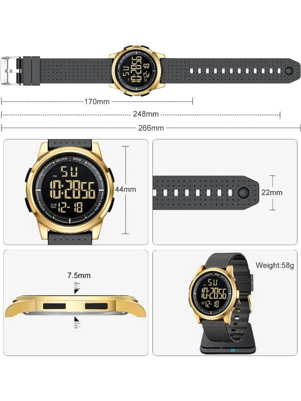 Men Gold Black Rubber Strap Ultra-Thin Minimalist Sport Waterproof Digital Watch